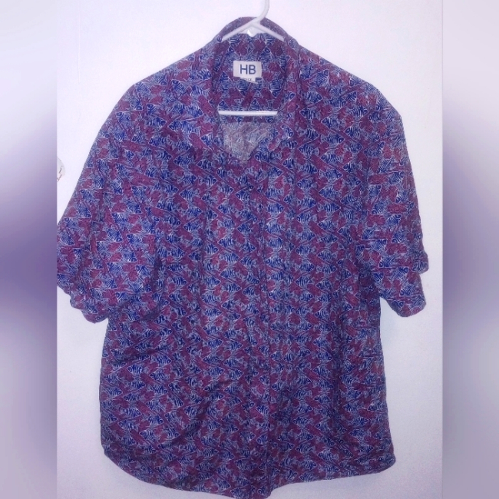 HB Harbor Bay Shirt 2XL Navy White Short Sleeve Button Down Cotton Blend